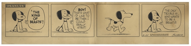 Early Charles Schulz Hand-Drawn Peanuts Comic Strip From 1956 Showing Snoopy Walking on All Four Legs